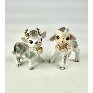 Vintage Cow And Lamb Figurines Ceramic White Gray Porcelain Gold Trim Japan